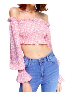 COMMENSE Pink & White Floral Off-Shoulder Top, Size M.